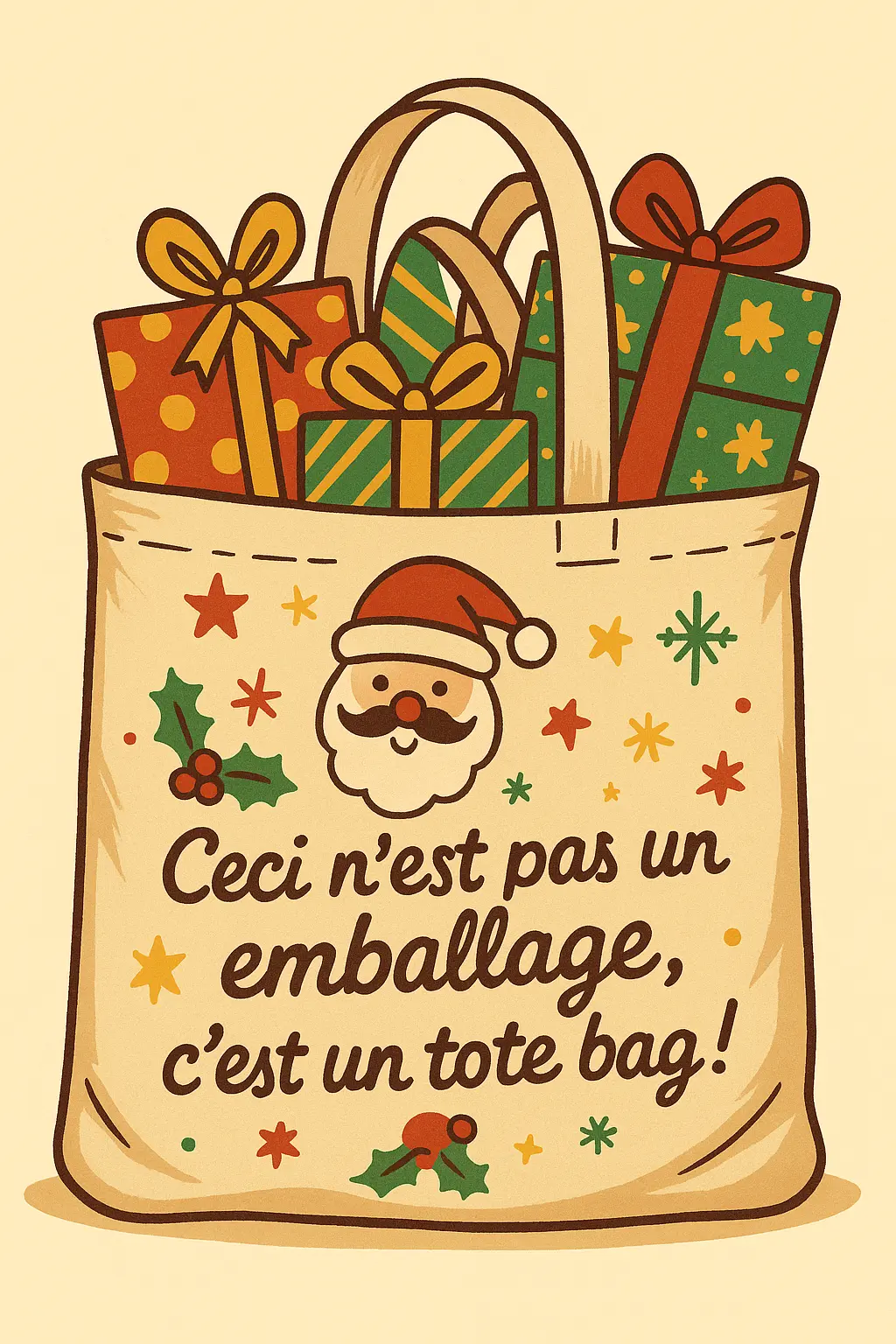 Tote bag personnalisé utilisé comme emballage cadeau de Noël avec citation humoristique Ceci n’est pas un emballage, c’est un tote bag