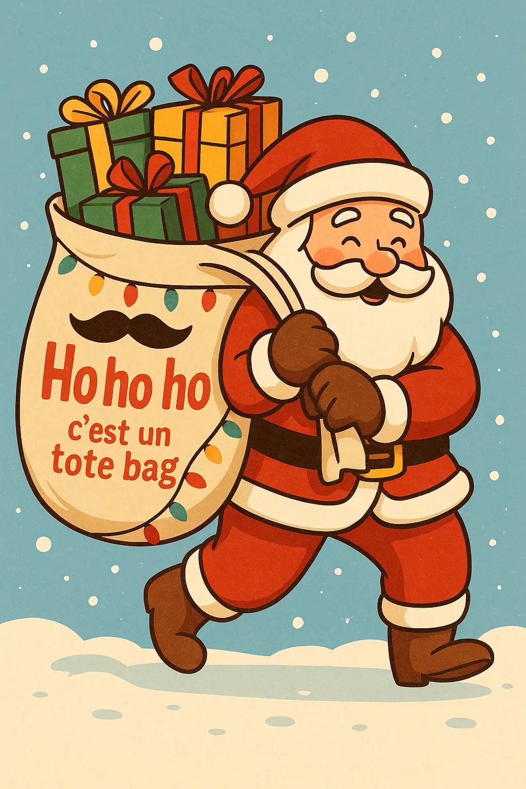 Illustration humoristique du Père Noël portant un tote bag personnalisé rempli de cadeaux avec texte Ho ho ho, c’est un tote bag