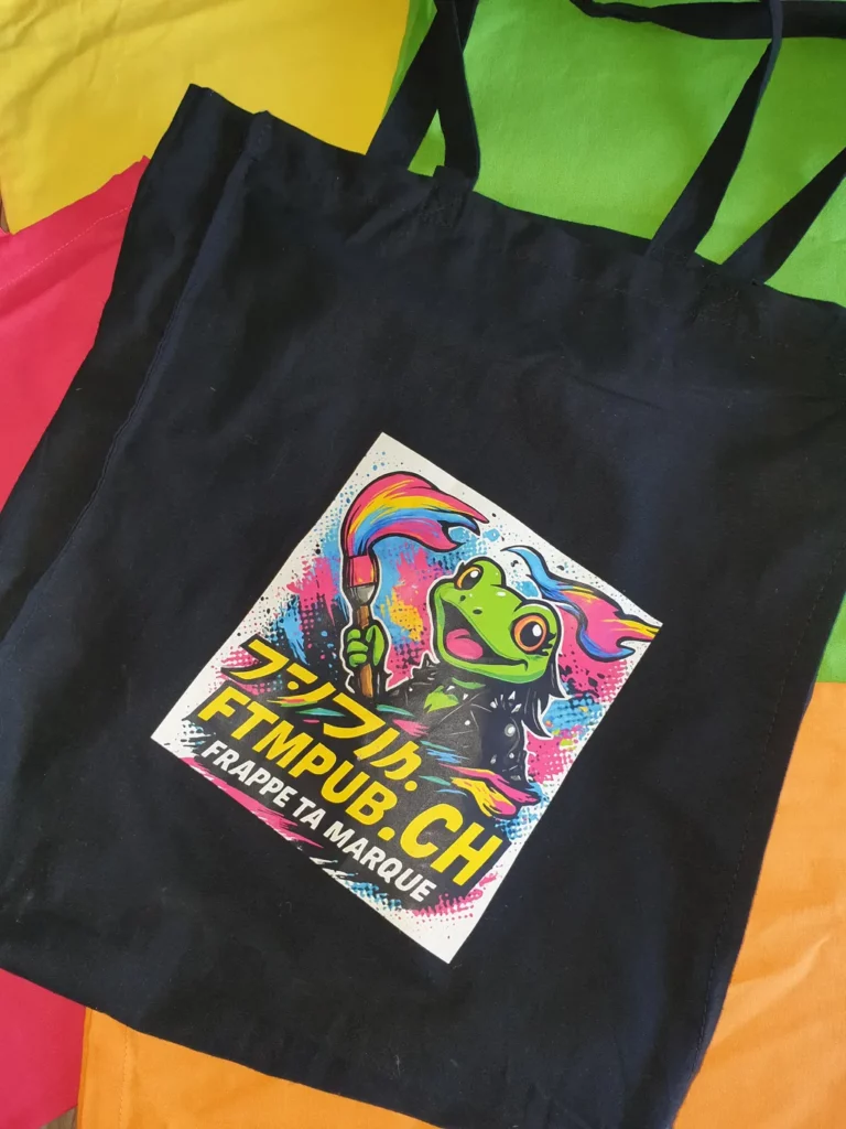 Tote bag publicitaire noir avec logo imprimé en couleur, impression textile