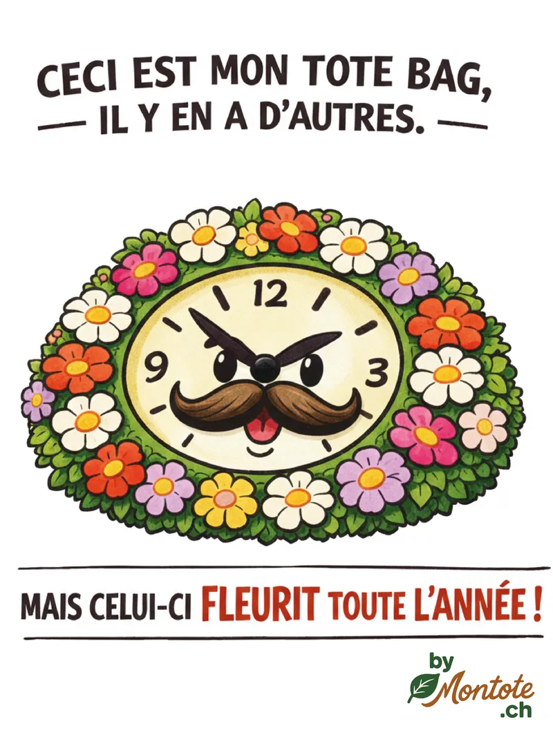 Tote bag entreprise Genève — horloge fleurie, Eaux-Vives, Carouge, production suisse