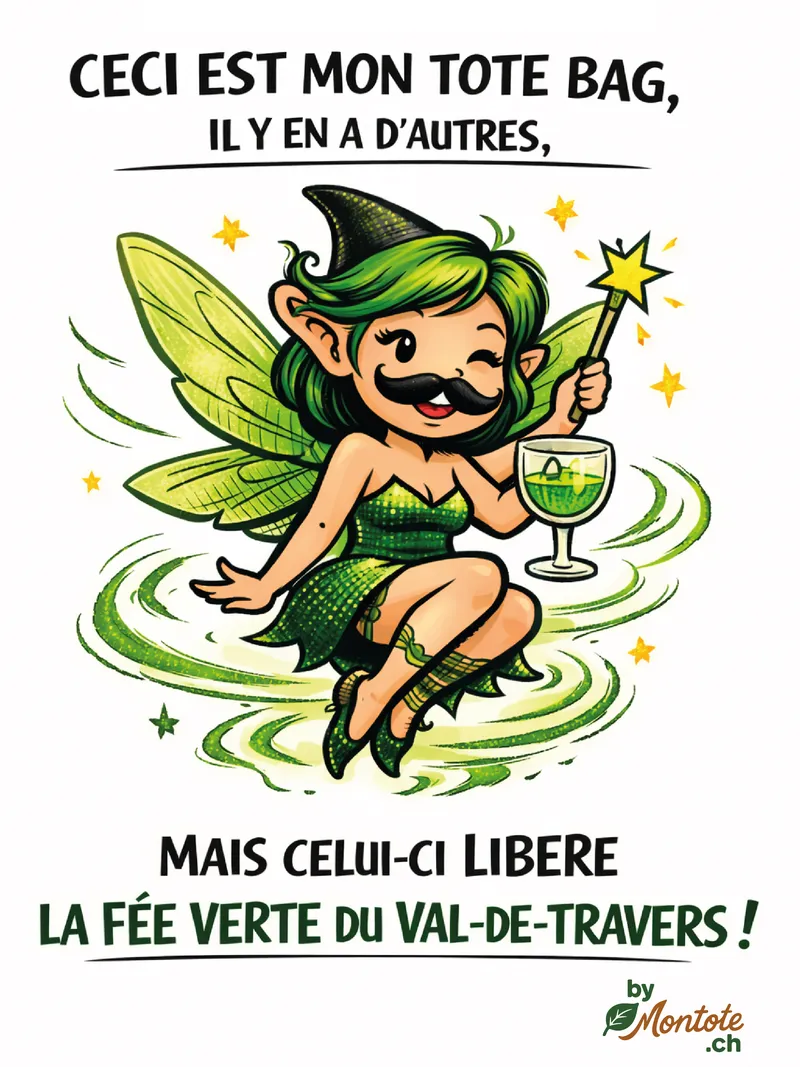 Tote bag personnalisé absinthe fée verte Neuchâtel — Val de Travers, Couvet, Môtiers, sac personnalisé suisse
