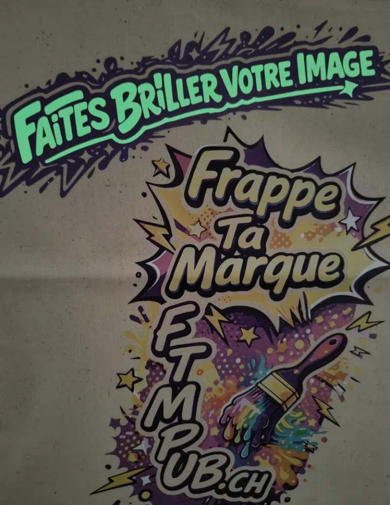 Tote bag en coton naturel avec impression colorée style pop art FTMPub.ch — sac publicitaire personnalisé en Suisse